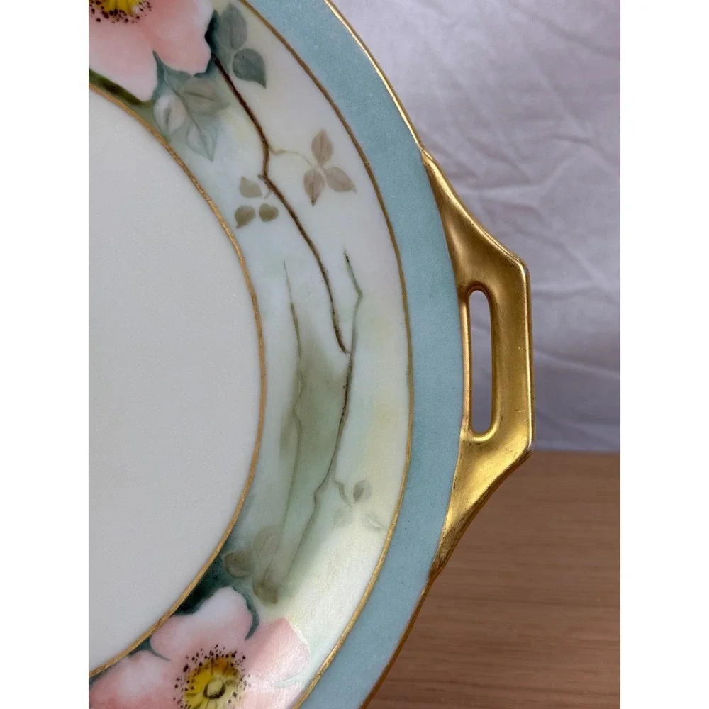 Vintage Thomas Bavaria 1920s Hand Painted Pink‎ Flowers Plate handles